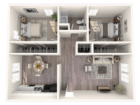Floor plan for 2 beds, 1 bath, 950 sqft